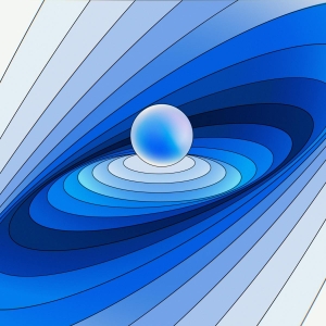 3D abstract rendering of a gradient blue design with a central sphere.