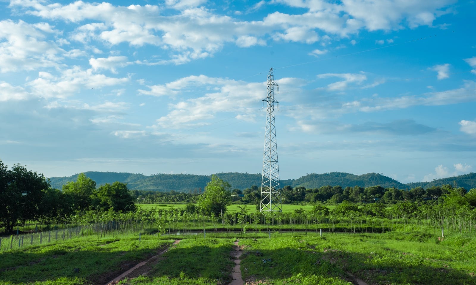 Beautiful countryside with a power tower and lush green fields under a blue sky.
