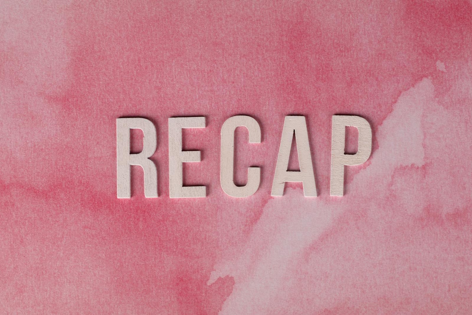 The word 'recap' displayed in bold letters on a pink watercolor background.