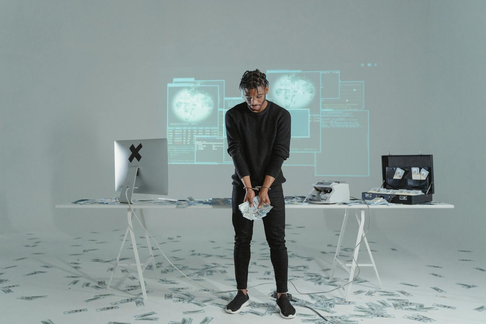 A man stands holding money in a high-tech room with scattered bills and a computer setup.