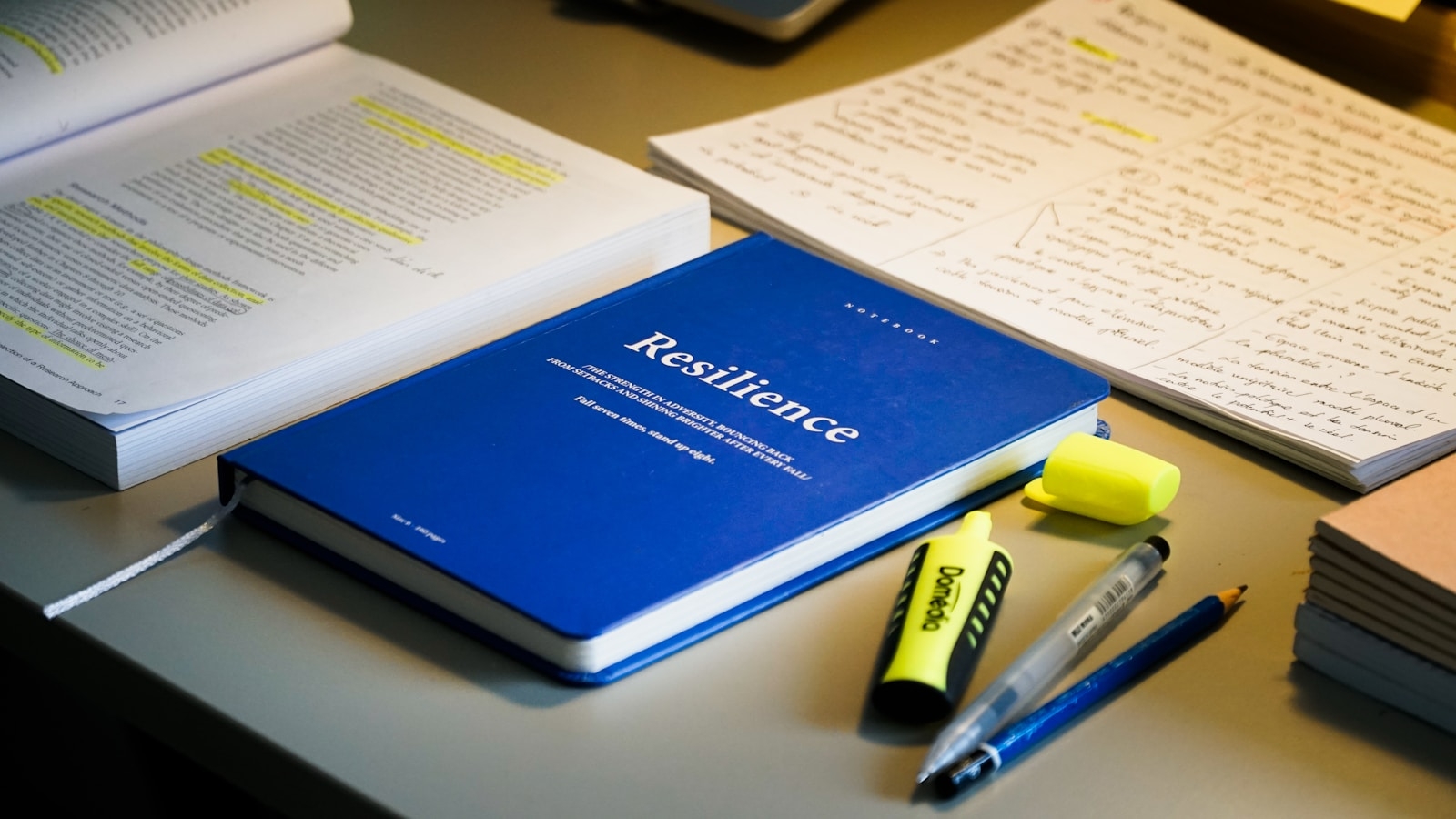 Blue book titled resilience with study materials and pens.