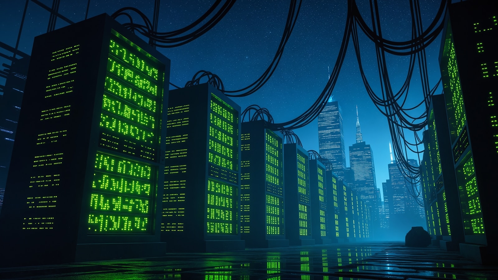 Servers illuminate a futuristic cityscape with a data center.